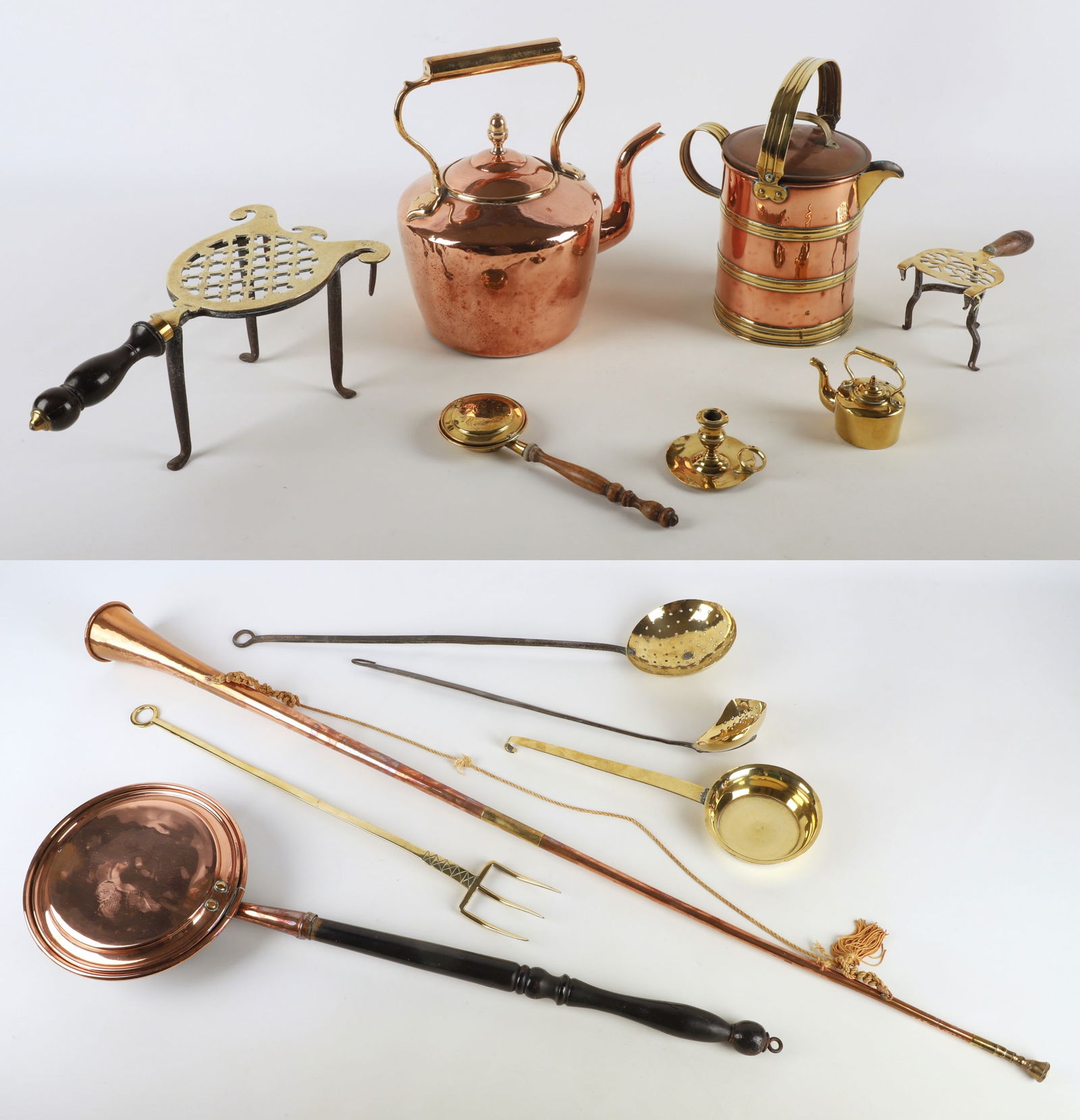 Brass and Copper Kitchen Articles: Brass and Copper Kitchen Articles to include a pierced brass, wrought iron and wood handled trivet stand, 12"L, a brass formed copper joined scoop, 16 3/4"L, (2) early strainer spoons with wrought iro