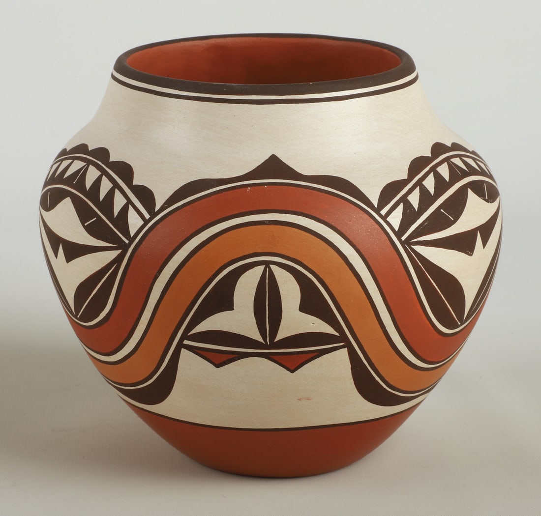 Gladys Paquin Sratyu'we Laguna Double Rainbow Pot: Gladys Paquin [Sratyu'we] (Laguna, 1936 - 2020) 1996 polychrome double rainbow pot, 6 1/2"H x 6 3/4" dia, signed at underside