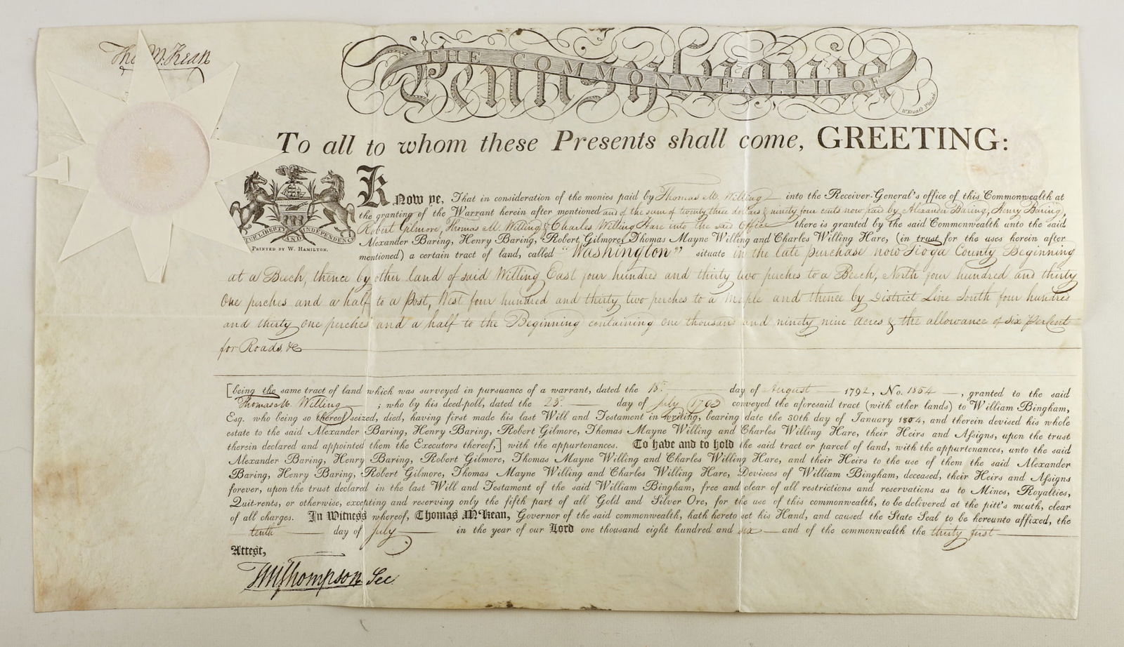 An 1806 Pa. land grant signed by Thomas McKean (1 of 6)
