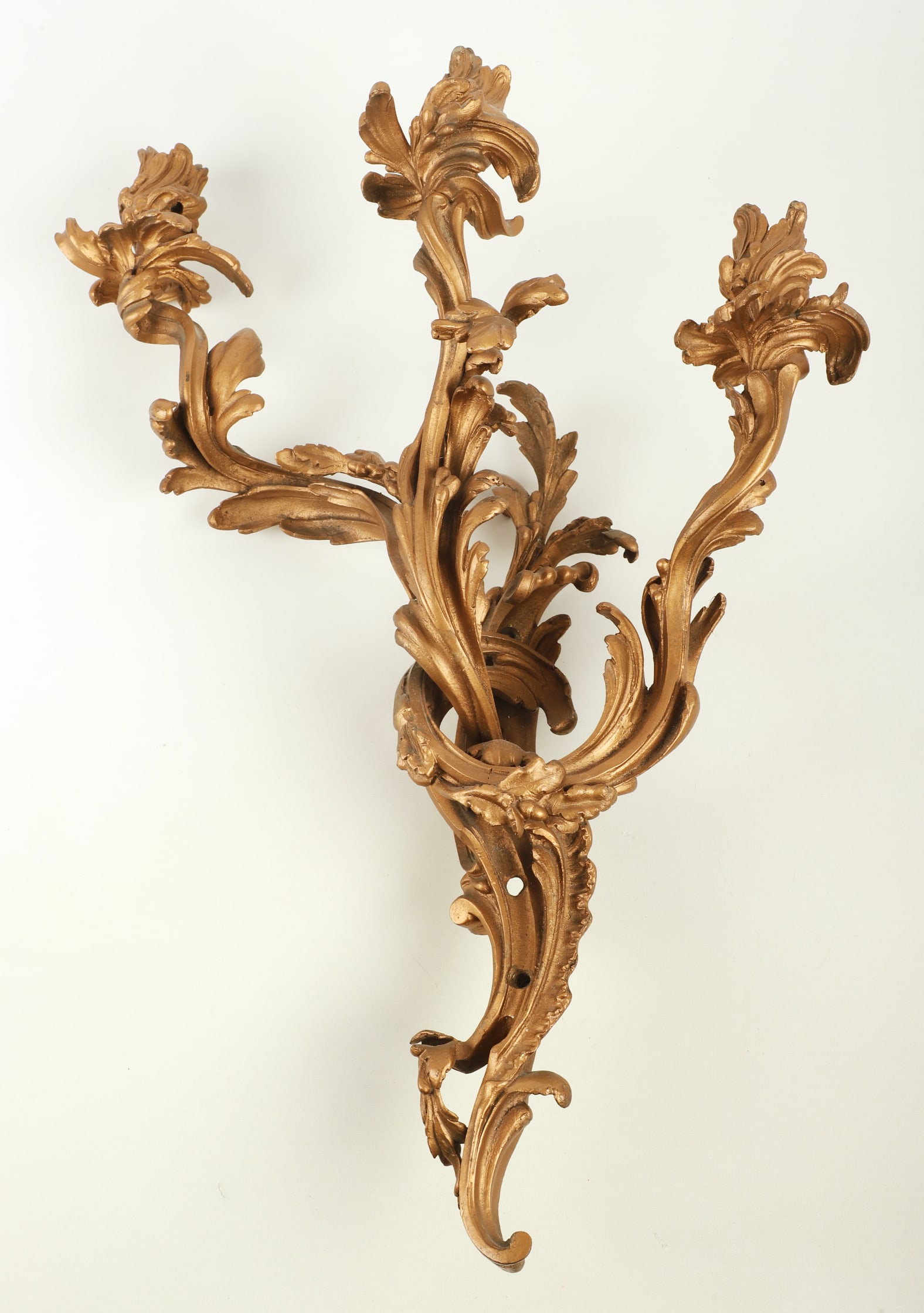 Gilt bronze wall candle sconce: Gilt bronze wall 3-candle floral wall sconce, 22" h x 16" w