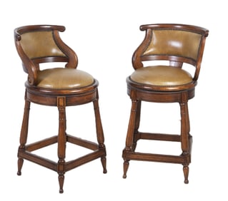 Pair Contemporary swivel leather and walnut finished barstools