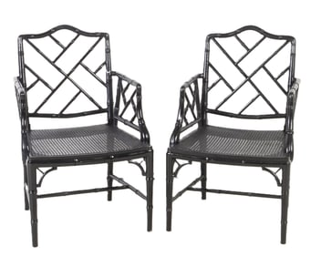 Pair Bamboo form ebonized painted open armchairs