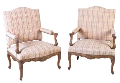 Pair French style carved open armchairs