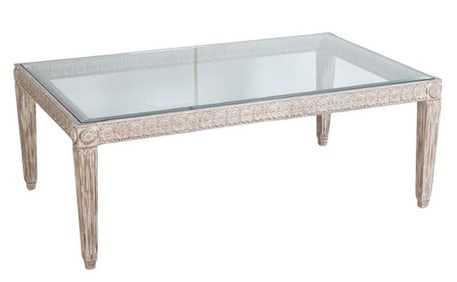 Louis XVI style distressed painted glass top coffee table