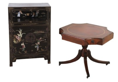 Coromandel ebonized cabinet, Regency style leather top side table