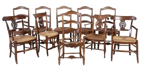 (10) Walnut carved rush seat dining chairs