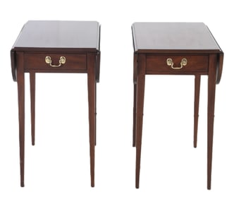 Pair Henkel Harris Hepplewhite style mahogany drop leaf side tables