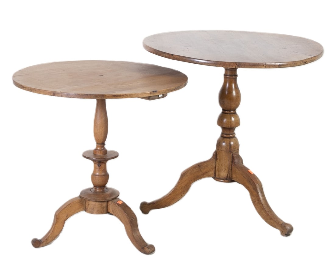 (2) Carved tea tables: (2) Carved tea tables, baluster turned post over tripod legs, 31"h x 32"diameter