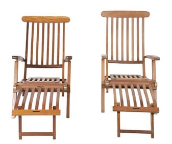 (2) Teak folding slatted deck chairs