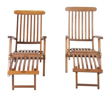 (2) Teak folding slatted deck chairs: (2) Teak folding slatted deck chairs, slatted back and seat, 24"h x 23"w x 20"d, wear to finish, watermarks