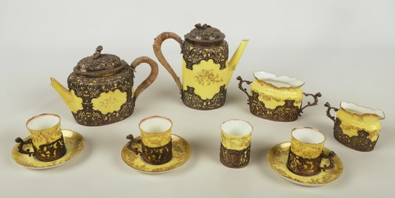 (11) Piece Crown Staffordshire silver mounted tea set