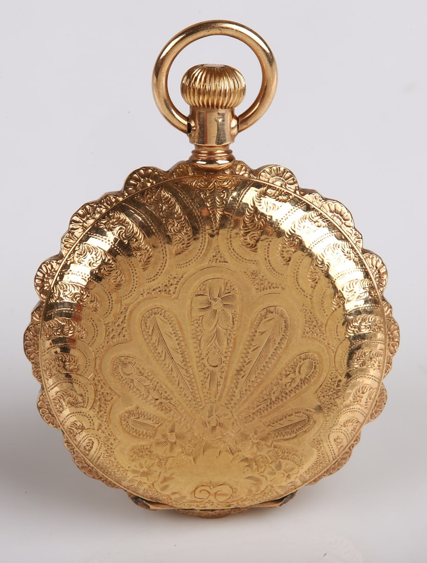Gold Filled Elgin Scalloped Edge Pocket Watch: Gold Filled Elgin Scalloped Edge Pocket Watch, Elgin 6S 11J 5792883 gold filled huntcase Pocket Watch, damascene movement, porcelain dial with sunken seconds track and hairline, Columbia signed case, 