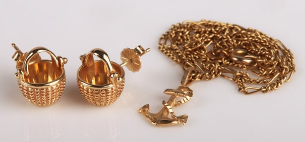 14K Gold Basket Earrings and Anchor Necklace