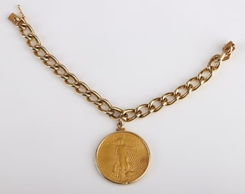 14K Gold Charm Bracelet, $20 St. Gaudens Pendant