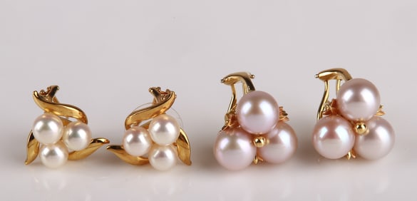 (2) Pairs 18K Pearl Cluster Earrings