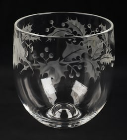 Steuben Crystal Etched Holly Leaf and Berry Vase