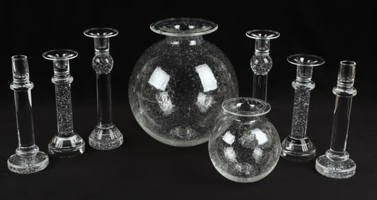Steuben Blown Orb Vases and Candlestick Pairs