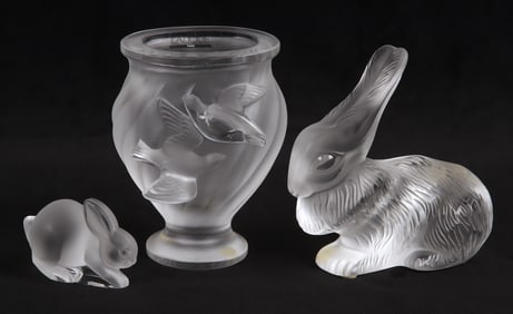 (3) Lalique Rabbit Figures and Vase