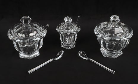 (3) Baccarat Crystal Bretagne covered jars & (5) spoons