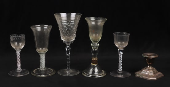 (5) Pieces of glass stemware & silver candlestick