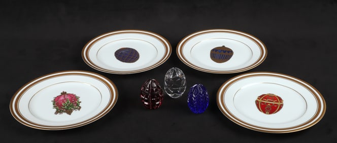 (4) Faberge porcelain plates & (3) crystal eggs
