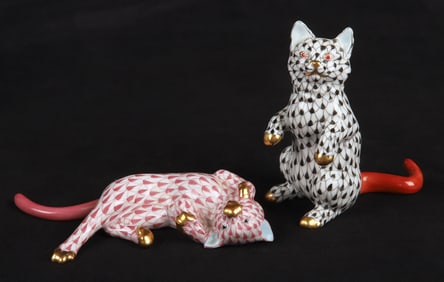 (2) Herend porcelain fishnet cat figures