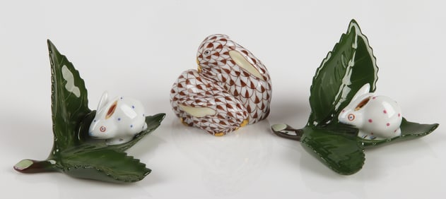 (3) Herend porcelain rabbit figures