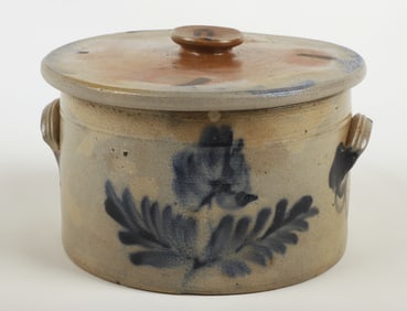 Blue decorated stoneware butter crock with lid