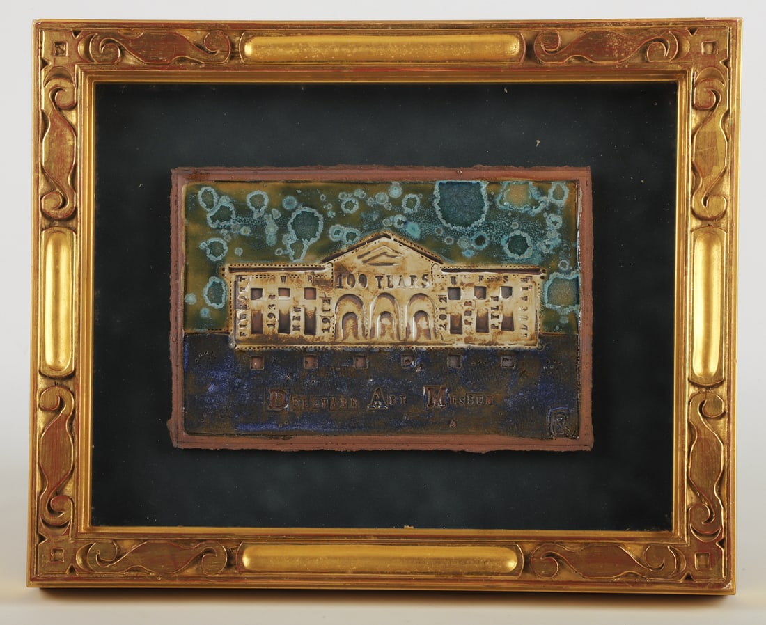 Delaware Art Museum 100 Years tile: Delaware Art Museum 100 Years tile, 1912-2012, in gilt shadowbox frame, 10-3/4" x 13-1/4"