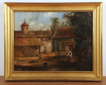 19th C Continental Farm Landscape Painting