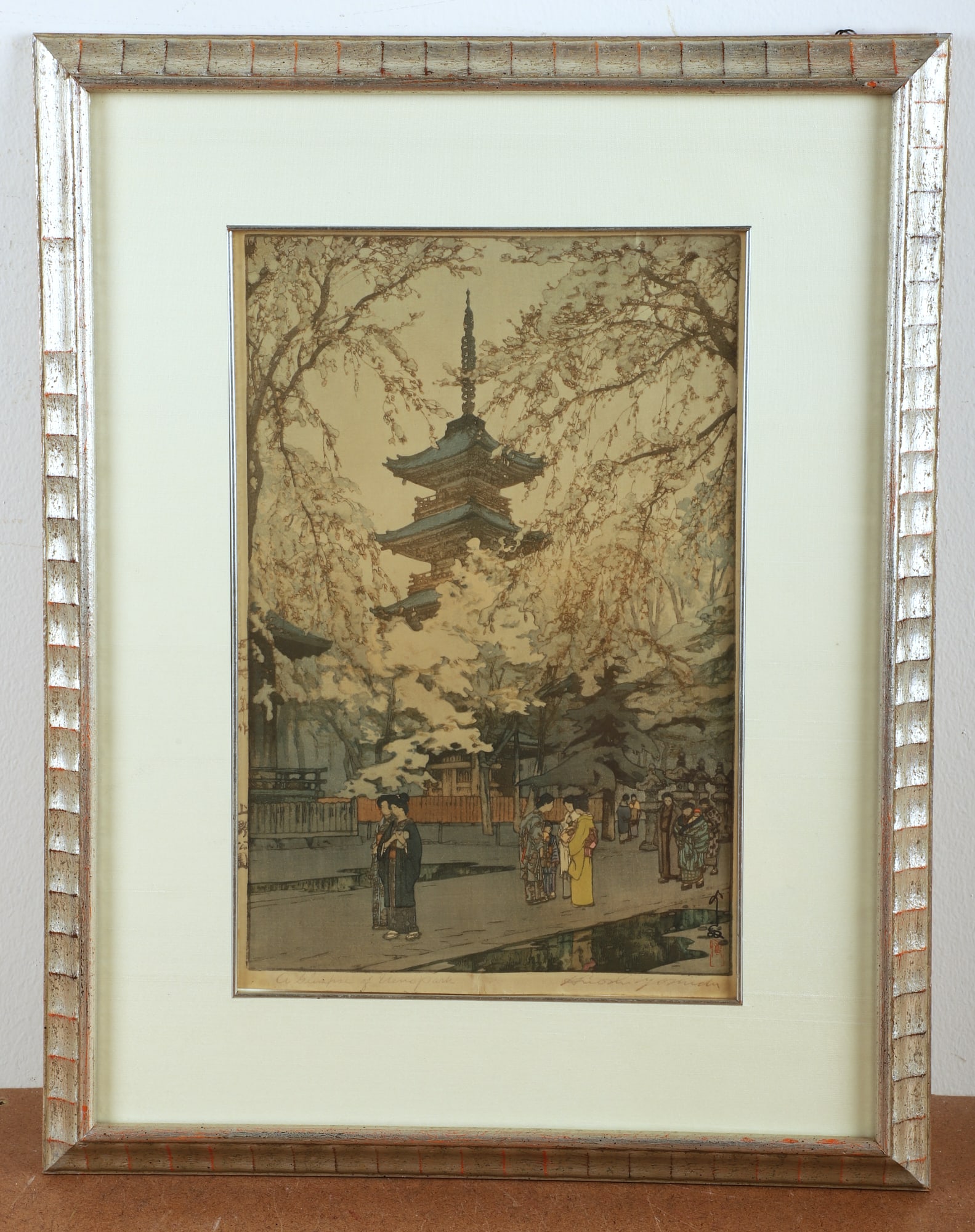Hiroshi Yoshida "A Glimpse of Veno Park": Hiroshi Yoshida (Japanese,1876-1950) "A Glimpse of Veno Park", woodblock on paper, signed "Hiroshi Yoshida", signed and sealed, 14-3/4" x 9-3/4" image, framed 22-7/8" x 17-7/8", good condition, sheet 