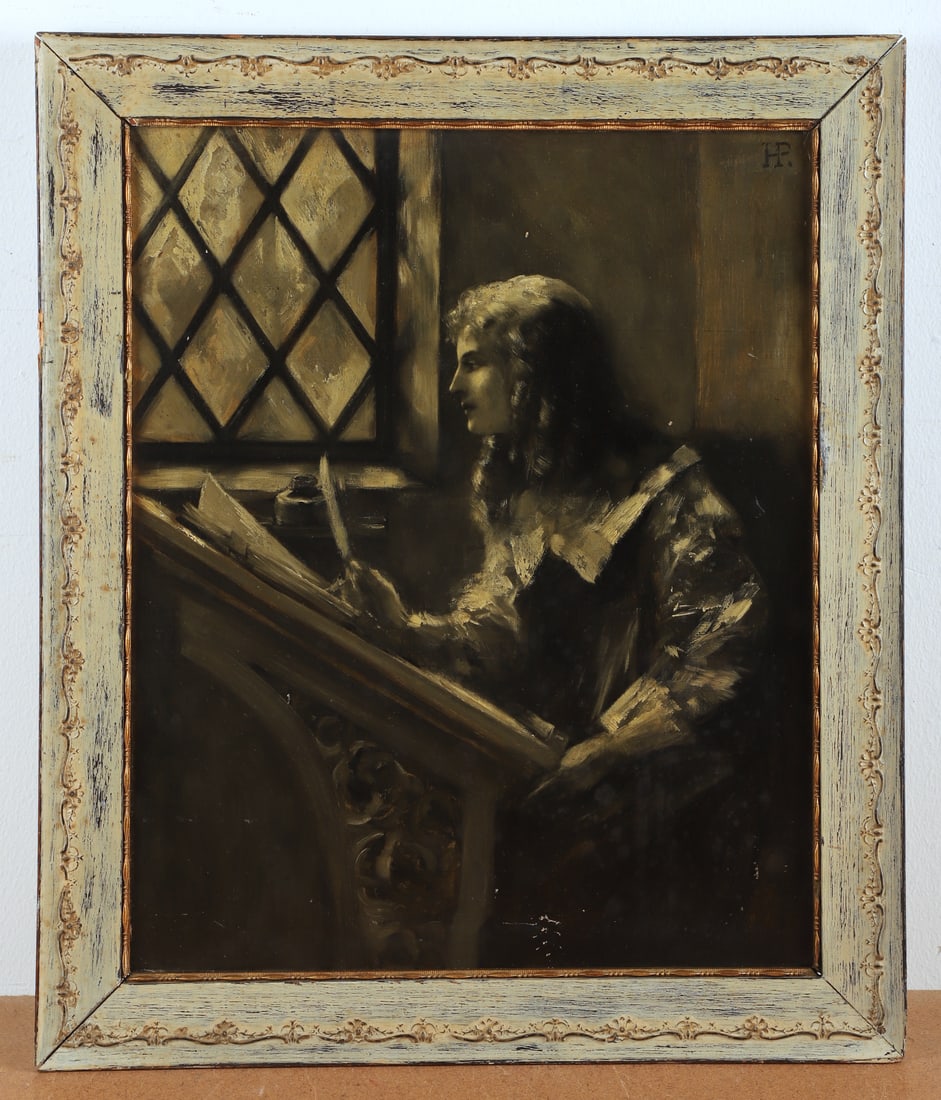 Illustration Painting of a Tudor Period Writer: Illustration painting of a Tudor period writer, en grisaille oil on canvas panel, monogrammed with conjoined "HP", 21" x 17", framed 25" x 21", good condition, various surface scratches, wear to frame