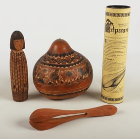 Carved gourd, carved Zuni figure, Catpaws instrument
