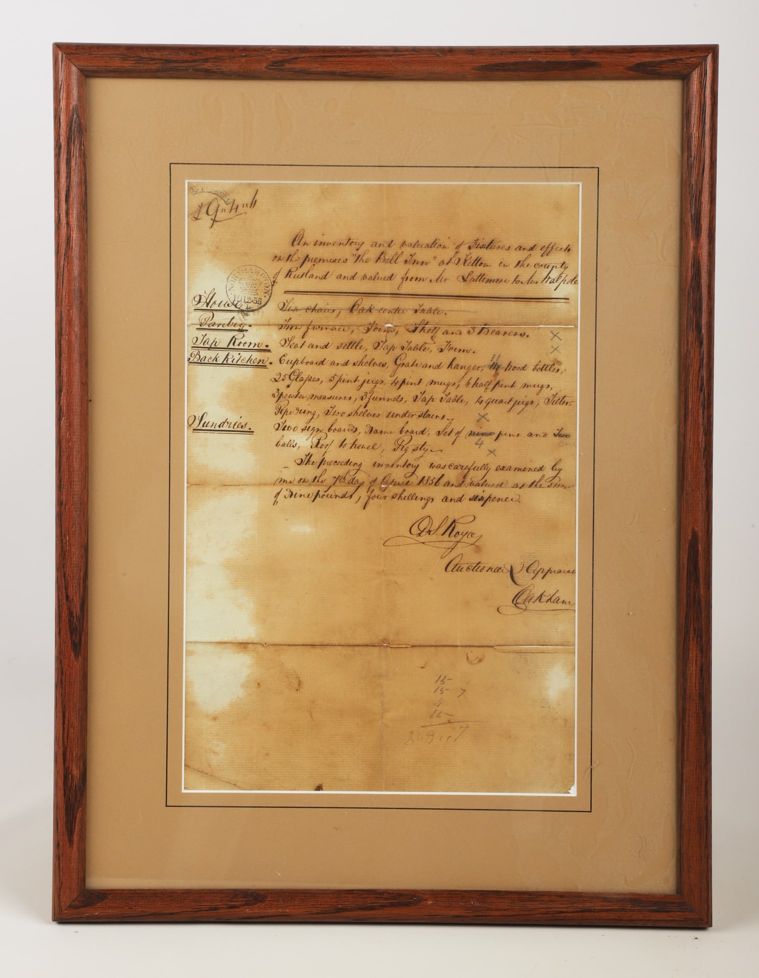 A framed early tavern inventory, 1856: An inventory of "the fixtures and effects on the premises "The Bell Inn" at Ketton in the county of Rutland" for April 7th, 1856. Not examined out of frame.