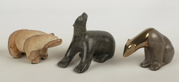 (3) Bear Sculptures in Bronze and Stone