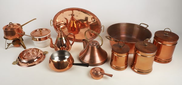 A Collection of Copper and Copper Tone Cookware