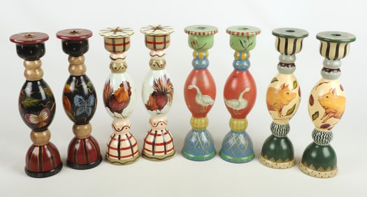 (4) Pairs of Hand Painted Turned Wood Candlesticks