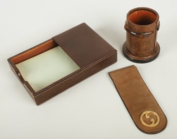 Gucci leather note box, pencil cup & bookmark