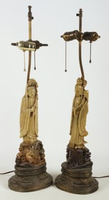 Pair of Chinese soapstone Guanyin figural lamps