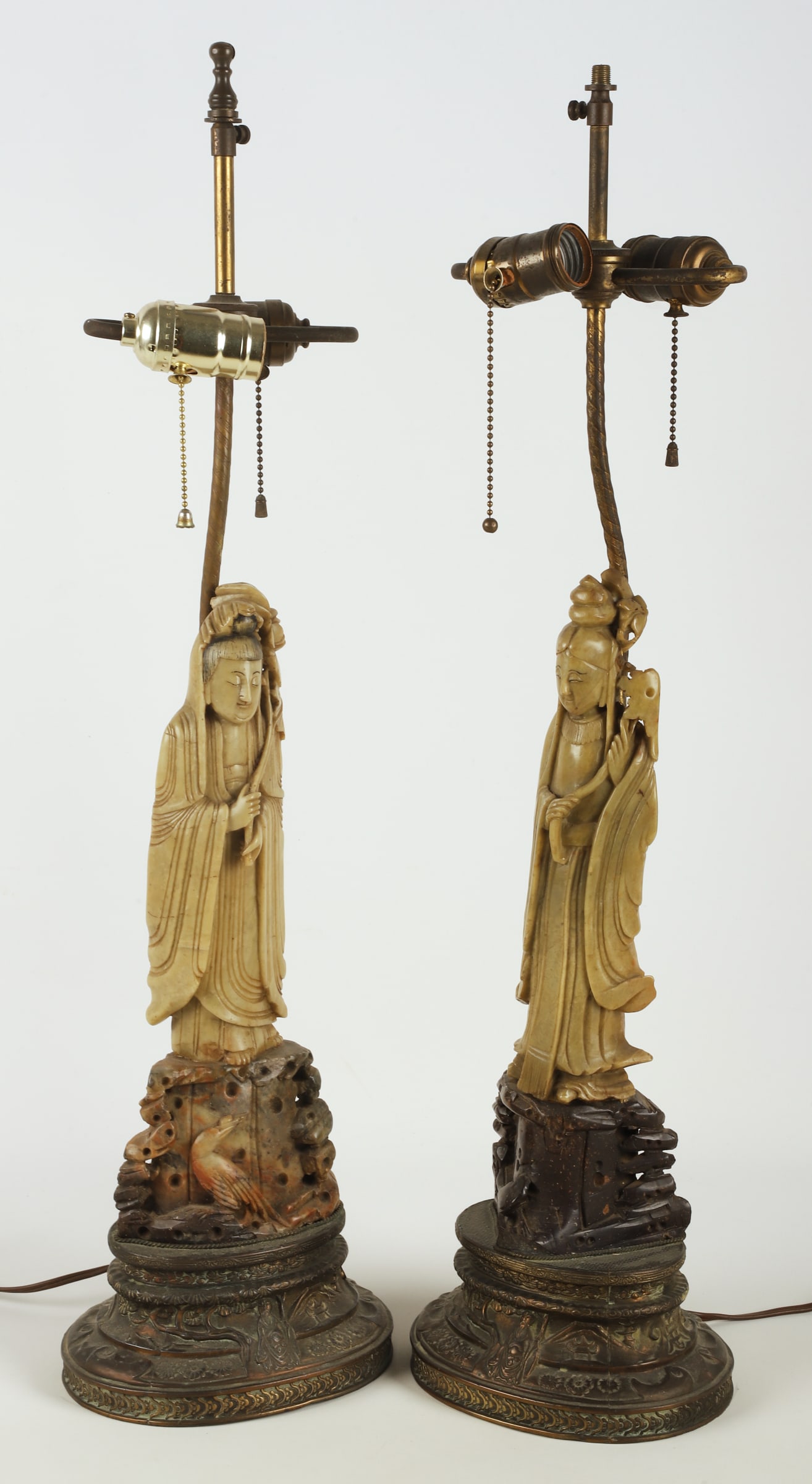 Pair of Chinese soapstone Guanyin figural lamps (1 of 14)