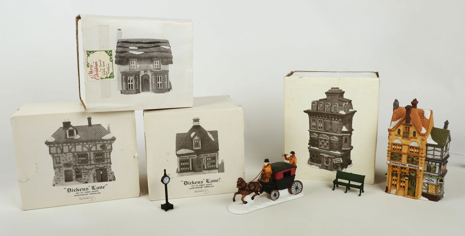 (6) Department 56 Heritage Village Collection: (6) Department 56 Heritage Village Collection, in original boxes, including Cottage Toy Shop, "Dickens Lane" Thomas Kersey Coffee House & Tuttle's Pub, Silas Thimbleton Barrister, The Flat of Ebenezer