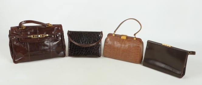 (4) Brown Leather and Reptile Vintage Handbags