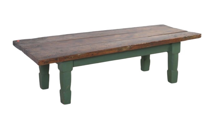 Pine and painted coffee table: Pine and painted coffee table, three board top, green painted base with block tapered legs, 18"h x 60"w x 23"d