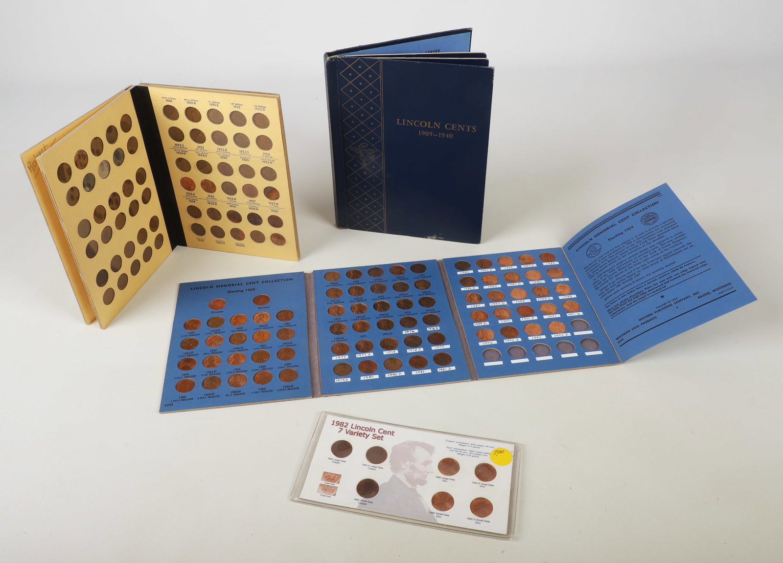 Penny Collection: Penny collection, including Library of coins Part 2 1941-1960 Volume 3 (60) coins (non missing), 1982 Lincoln pennies seven variety set, Lincoln sets 1909-1940 (82) coins (missing 1909 SVDB, 1912S, 19