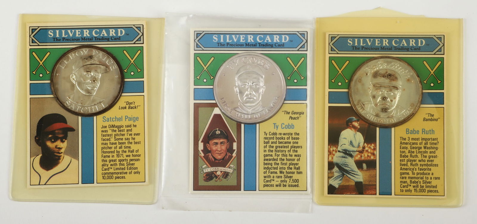 (3) Silver Card baseball: (3) Silver Card baseball, 1 troy oz silver each, including Ty Cobb, Babe Ruth, Leroy Paige