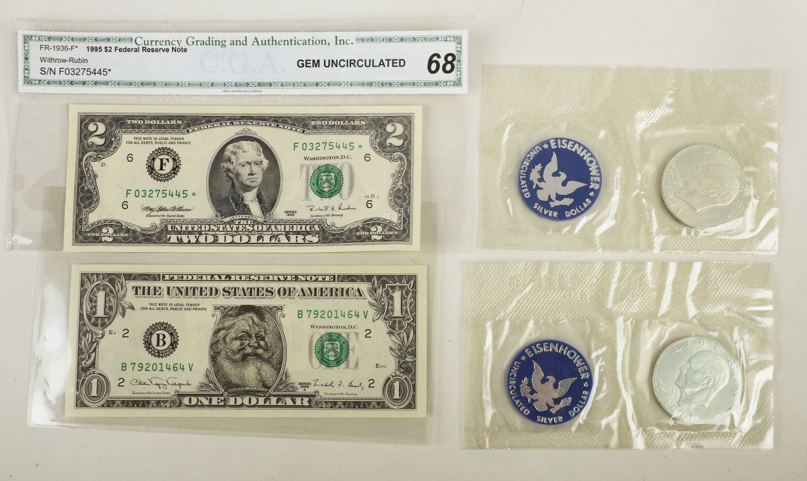 (2) 1971 Silver dollars & (2) pieces of currency (1 of 6)