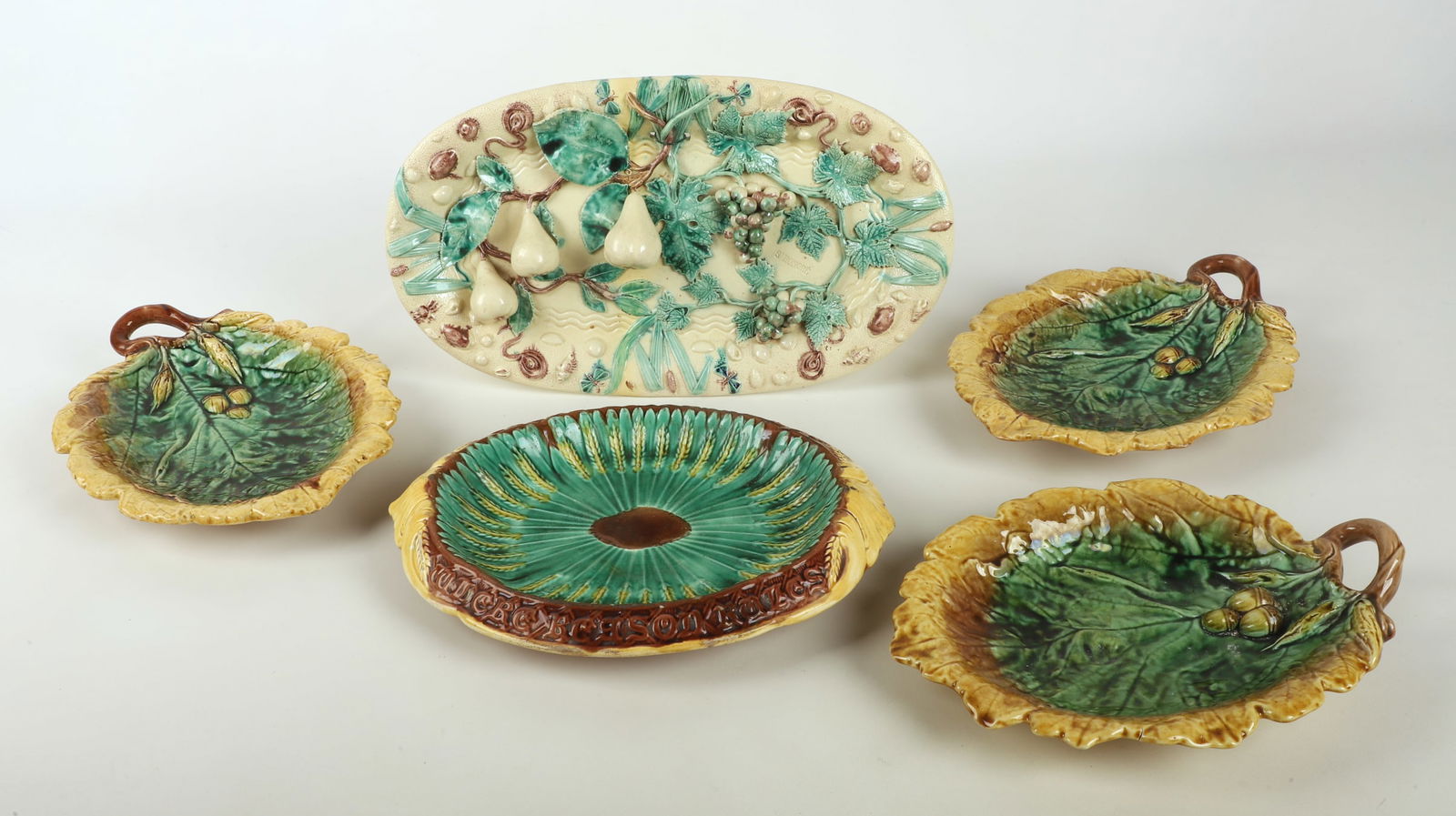 Majolica Palissy Platter, Leaf Trays and Dish (1 of 6)