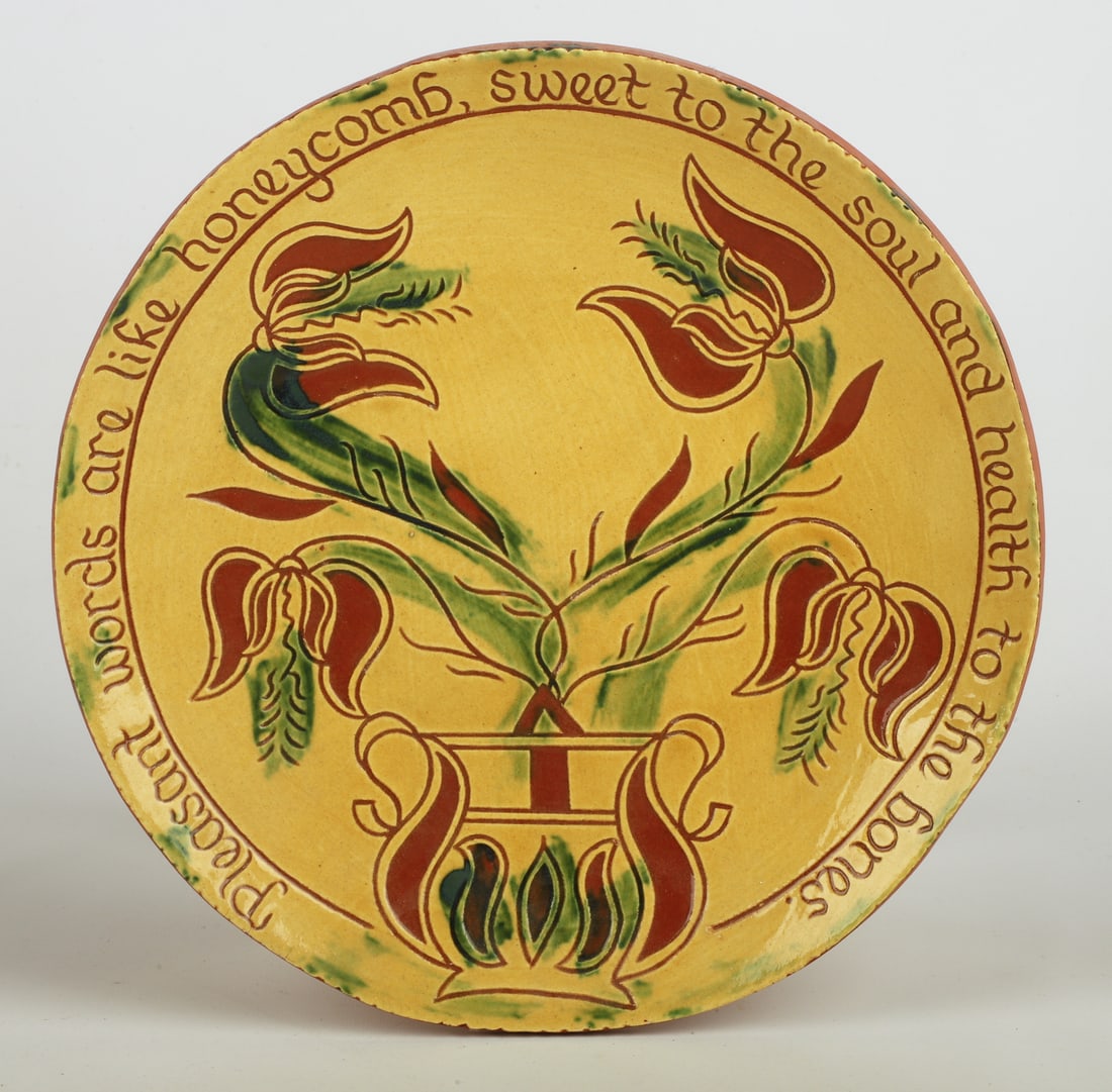 Breininger Pennsylvania redware Sgraffito charger: Breininger Pennsylvania redware charger, pot of flowers Sgraffito decoration, "Pleasant words are like honeycomb, sweet to the soul and health to the bones", Robesonia PA, hand signed on base, June 21