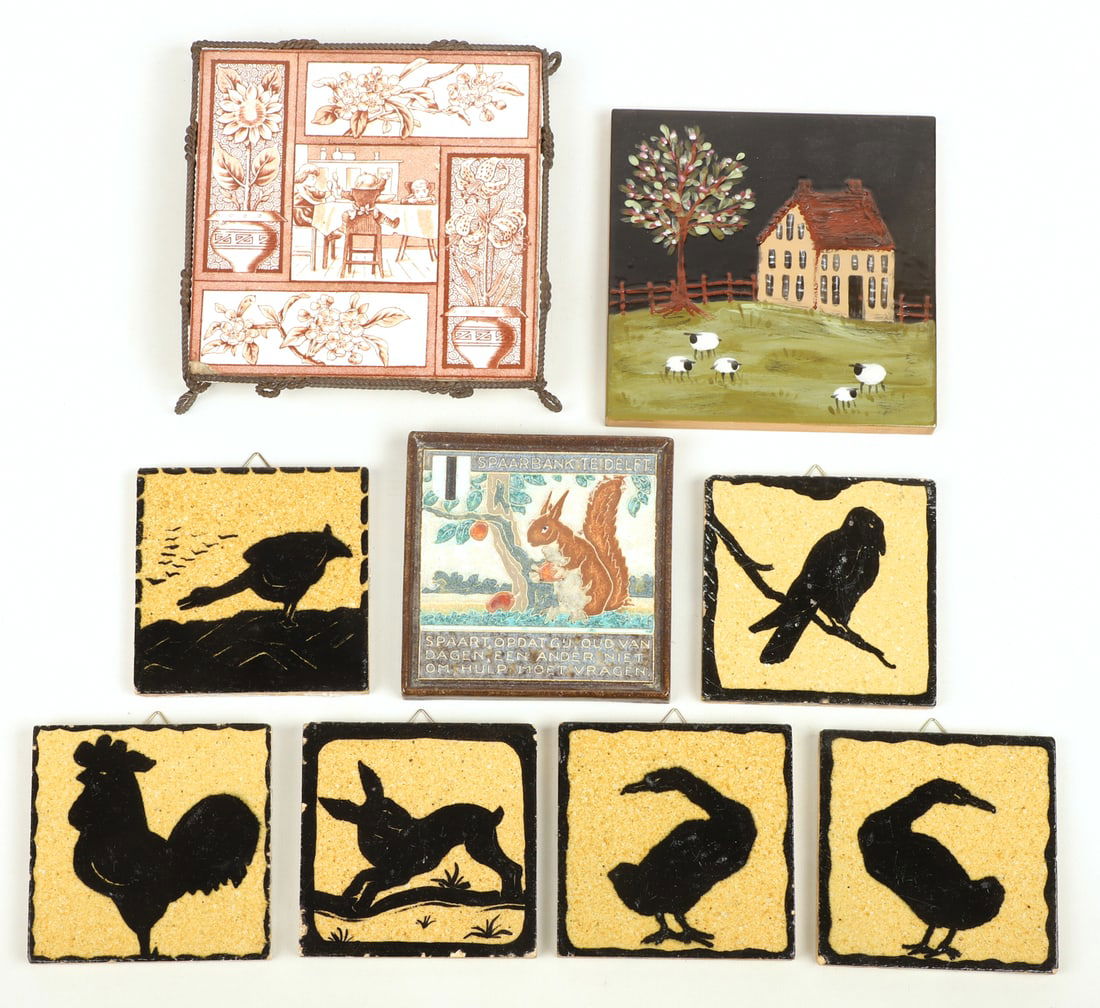 (9) Pottery tiles: (9) Pottery tiles, including 1881 brown aesthetic Movement in wire trivet frame with tea party attributed to Kate Greenaway for TR Boote (6" sq, chip to corner), Delft squirrel (4-3/4" sq), sheep farm