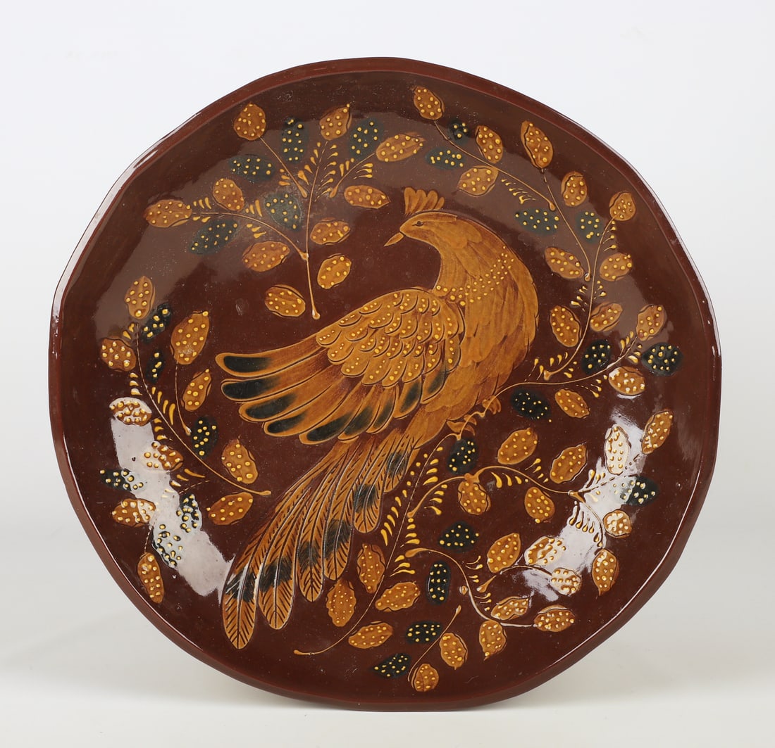 Large Eldreth Pottery redware bowl: Large Eldreth Pottery redware bowl, brown glazed bird on branch decoration, 1994, 16-1/2" dia x 2-5/8" h